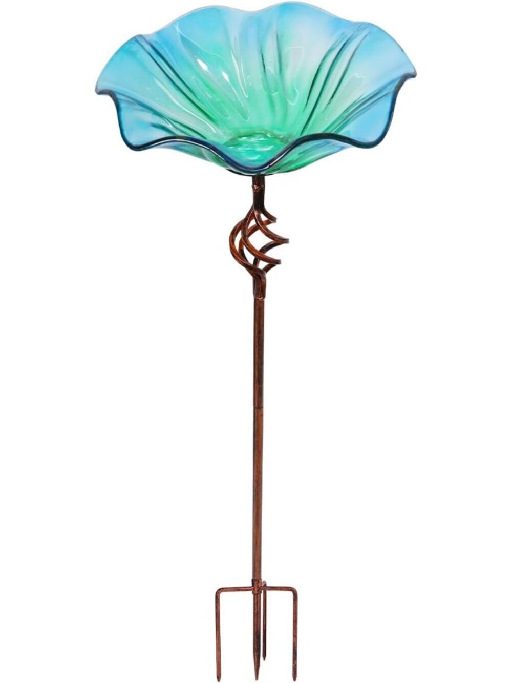 Handmade Teal Blue Green Flower Bird Bath & Feeder | 31" Metal Stake Garden